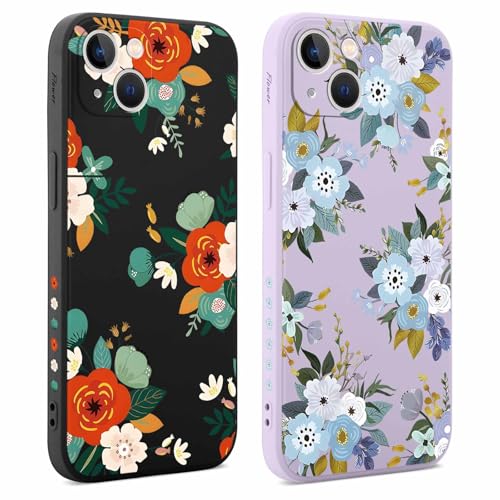 Coalbooliy 2 Stück Hülle für Apple iPhone 13 6,1", Handyhülle mit Aesthetic Muster Frauen Mädchen Blume Muster Design Violett Schwarz Case Silikon TPU Bumper Schutzhülle Cover, 03 von Coalbooliy