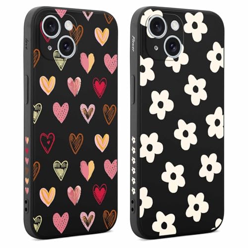 Coalbooliy 2 Stück Hülle für Apple iPhone 15 6,1", Handyhülle mit Aesthetic Muster Frauen Mädchen Blume Liebe Muster Design Schwarz Case Silikon TPU Bumper Schutzhülle Cover, 01 von Coalbooliy