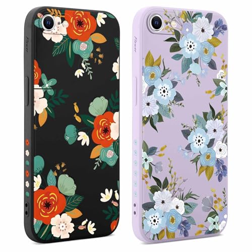 Coalbooliy 2 Stück Hülle für iPhone 8/7/iPhone SE 2022/2020 4,7", Handyhülle mit Aesthetic Muster Frauen Mädchen Blume Muster Design Violett Schwarz Case Silikon TPU Bumper Schutzhülle Cover, 03 von Coalbooliy
