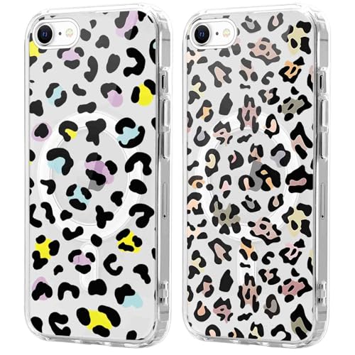 Coalbooliy 2 Stück Magnetisch HandyHülle für iPhone 7/8/iPhone SE 2022/2020 Hülle 4,7”,Aesthetic Leoparde Muster Kompatibel mit Magsafe Silikon Transparent Case Stoßfeste Schutzhülle Mädchen Cover,11 von Coalbooliy