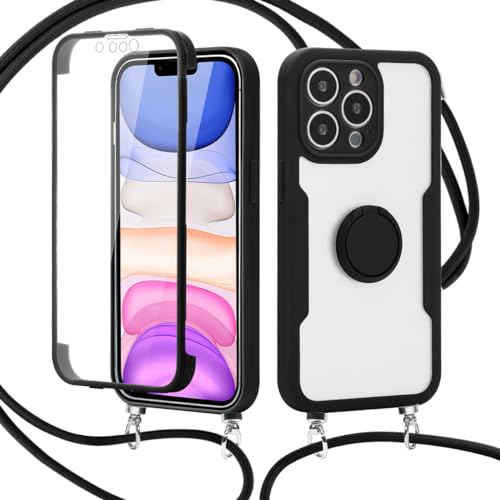 Coalbooliy 360 Grad Handykette für iPhone 11 Hülle mit Band, Transparent Muster Schwarz Silikon Fullbody Schutzhülle Con Necklace Ringhalter Stände mit Integriertem Displayschutz Cover, 10 von Coalbooliy