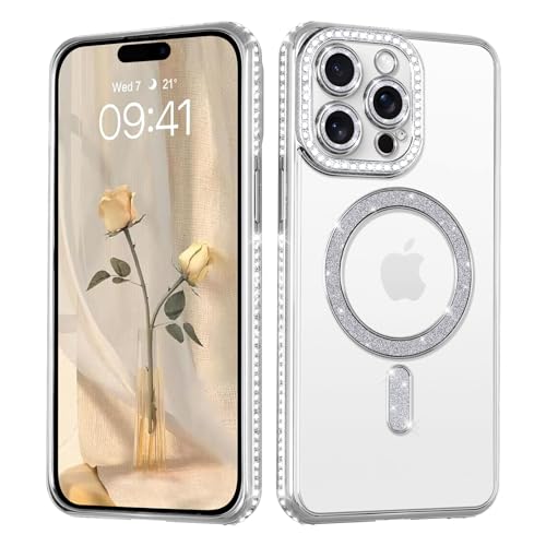 Coalbooliy Handyhülle für iPhone 15 Pro Max Hülle Glitzer 6,7" kompatibel mit Mag-Safe, Plating Magnetic Durchsichtig Silikon Cover Bling Sparkly Diamond Camera Crystal Luxury Case Mädchen, Silber von Coalbooliy