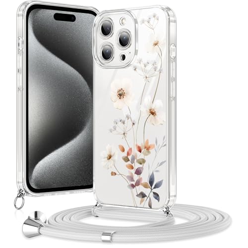 Coalbooliy Handykette Handyhülle für iPhone 16 Pro Hülle 6,3" mit Band, Transparent Aesthetic Blume Muster Cover mit Kordel zum umhängen Necklace Case Kameraschutz Stoßfest, 04 von Coalbooliy