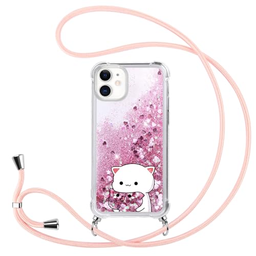 Coalbooliy Handykette für iPhone 11 Hülle mit Band 6,1", Rosa Glitzer Flüssig Treibsand Cover mit Kette Kordel zum Umhängen Durchsichtig klar Silikon Handyhülle Mädchen Schutzhülle, Katze von Coalbooliy