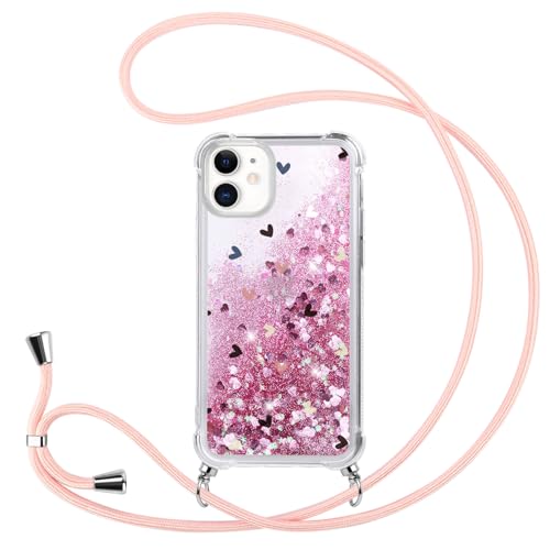 Coalbooliy Handykette für iPhone 11 Hülle mit Band 6,1", Rosa Glitzer Flüssig Treibsand Cover mit Kette Kordel zum Umhängen Durchsichtig klar Silikon Handyhülle Mädchen Schutzhülle, Liebe von Coalbooliy