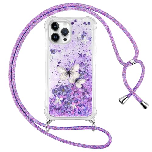 Coalbooliy Handykette für iPhone 12 Pro/iPhone 12 Hülle mit Band 6,1", Lila Glitzer Flüssig Treibsand Cover mit Kette Kordel Durchsichtig klar Silikon Handyhülle Mädchen Schutzhülle, Blume von Coalbooliy