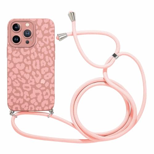 Coalbooliy Handykette für iPhone 12 Pro Max Hülle mit Band, Aesthetic Rosa Leoparden Muster Verstellbarer Halskette Handyhülle Kordel Umhängen Silikon Case Stoßfest Schutzhülle Kette Cover, 05 von Coalbooliy