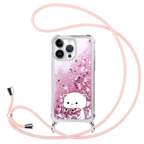 Coalbooliy Handykette für iPhone 15 Pro Hülle mit Band 6,1", Rosa Glitzer Flüssig Treibsand Cover mit Kette Kordel zum Umhängen Durchsichtig klar Silikon Handyhülle Mädchen Schutzhülle, Katze von Coalbooliy