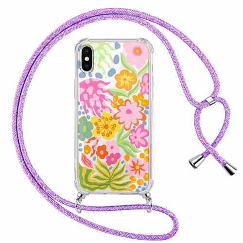 Coalbooliy Handykette für iPhone XS/iPhone X 5,8" Hülle mit Band, Transparent Aesthetic Blume Muster Handyhülle mit Kordel Cover zum umhängen Necklace Case Silikon +PC Stoßfest Schutzhülle, 04 von Coalbooliy