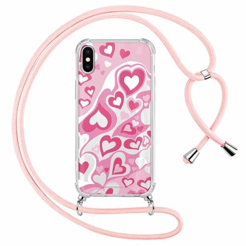 Coalbooliy Handykette für iPhone XS/iPhone X 5,8" Hülle mit Band, Transparent Aesthetic Liebe Muster Handyhülle mit Kordel Cover zum umhängen Necklace Case Silikon +PC Stoßfest Schutzhülle, 02 von Coalbooliy