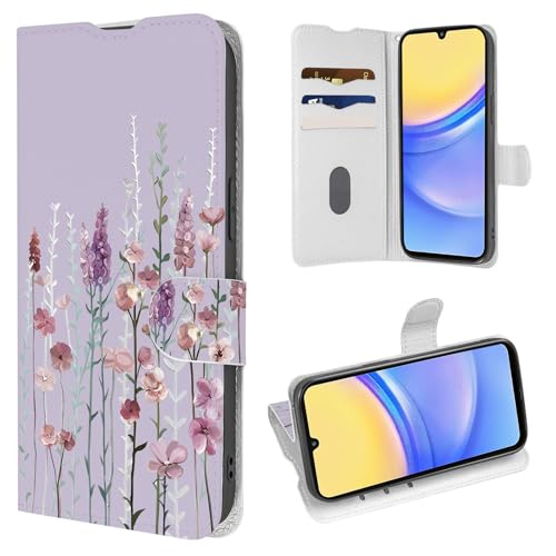Coalbooliy Hülle für Samsung Galaxy A15 5G 6,5", Handyhülle mit Rot Blume Muster Leder Klapphülle Kartenfach Wallet Schutzhülle Standfunktion Stoßfeste Case für Mädchen Cover, 01 von Coalbooliy