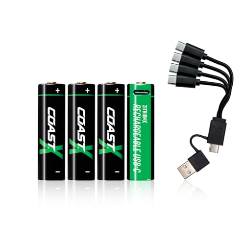 Coast AA 1,5V USB-C Akkus, ZITHION-X, Lithium-Ionen 2400 mAh, Lädt in 2,5 Stunden, Langlebig, Ladekabel Inklusive, 4er-Pack von Coast