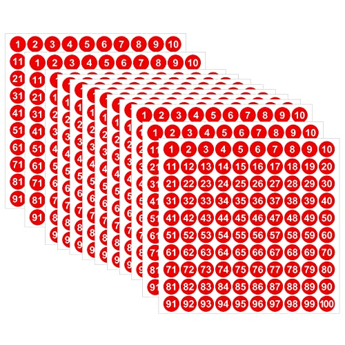 Cobee 1 bis 100 Zahlenaufkleber, 2500 Stück, 25 Blatt, Vinyl Nummernaufkleber, wasserdicht, selbstklebend, Zahlen-Bestandaufkleber für Inventarsortierung, Organisation, Aufbewahrungsbox, Rot, 1,1 cm von Cobee