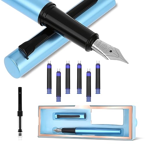 Cobee Füllfederhalter Set, Metall Füllfederhalter + 2 Tintennachfüllkonverter + 6 Tintenpatronen mit Geschenk Box,0,38 mm Extra Feine Spitze Glattes Schreiben Kalligraphie Stifte für Schule Büro(blau) von Cobee