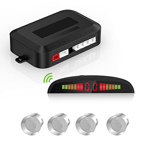 Einparkhilfe Kabellos Bausatz,Rückfahrradarsystem mit 4 PDC Sensor, Kabellose LED-Entfernungsanzeige mit akustischer Warnung + 4 Silber Farbe Einparkhilfe Hinten Für Auto Vans RV Trailer von Cocar