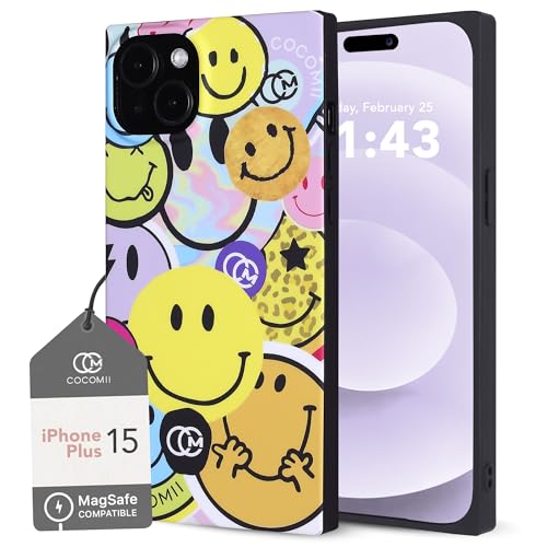Cocomii Rechteckige Schutzhülle kompatibel mit iPhone 15 Plus – kompatibel mit MagSafe, heben Sie Ihre Stimmung, rechteckige Kanten, glänzendes glückliches Gesicht, Stressabbau, stoßfest, von Cocomii