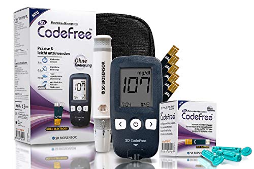 SD CodeFree Blutzuckermessgerät Set mit Teststreifen + 50 Blutzuckerteststreifen im Sparpack zur Diabetes-Kontrolle von CodeFree
