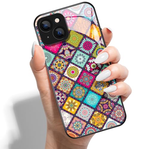 Handyhülle für Samsung Galaxy S24 HD Glas PC Hardcase Drucken Rückseite mit Silikon Hülle Schutzhülle Case Cover Muster Design für Mädchen Jungen - Kariertes Mandala von Coeyes