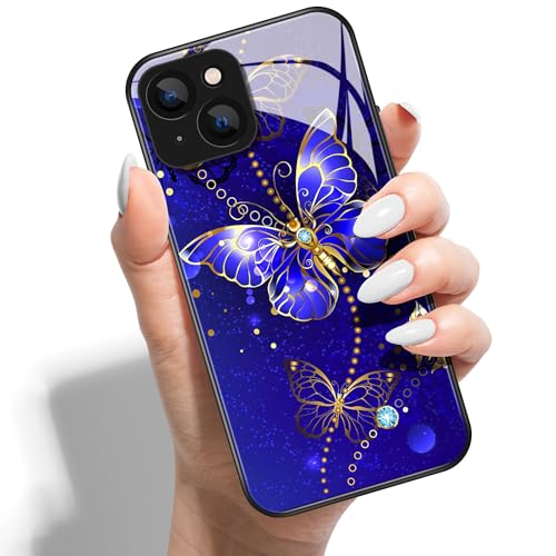 Handyhülle für iPhone 12 6.1 HD Glas PC Hardcase Drucken Rückseite mit Silikon Hülle Schutzhülle Case Cover Muster Design für Mädchen Jungen - Großer Blauer Schmetterling von Coeyes