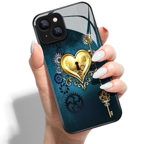 Handyhülle für iPhone 13 6.1 HD Glas PC Hardcase Drucken Rückseite mit Silikon Hülle Schutzhülle Case Cover Muster Design für Mädchen Jungen - Goldene Herzen von Coeyes