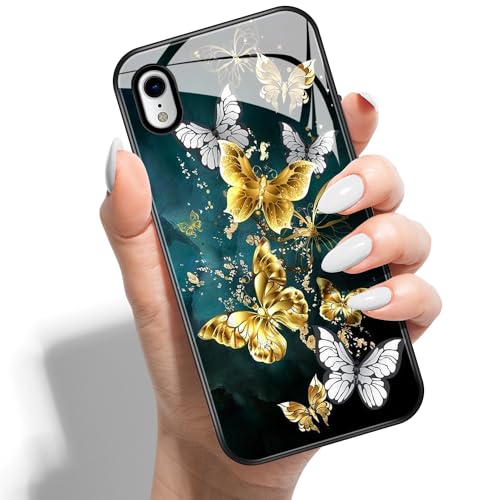 Handyhülle für iPhone XR 6.1 HD Glas PC Hardcase Drucken Rückseite mit Silikon Hülle Schutzhülle Case Cover Muster Design für Mädchen Jungen - Schmetterling aus grünem Gold von Coeyes
