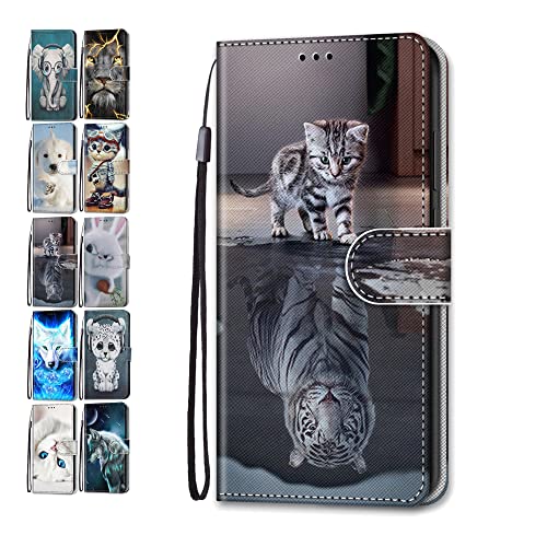 Hülle für Huawei P Smart 2019 / Honor 10 Lite, Leder Tasche Flip Case Mädchen Jungs Muster Design Etui Schutzhülle Cover Handyhülle - Katzentiger von Coeyes