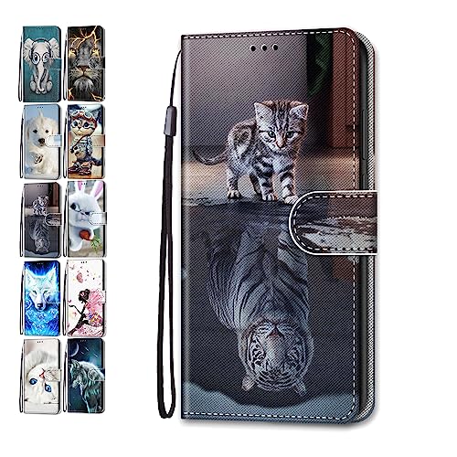 Hülle für Motorola Moto E13 Leder Tasche Flip Case Mädchen Jungs Muster Design Etui Schutzhülle Cover Handyhülle - Katzen Tiger von Coeyes