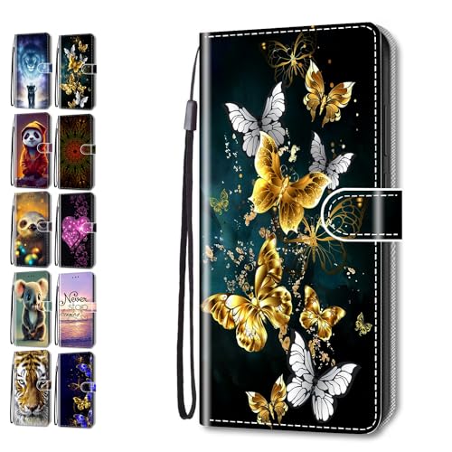 Hülle für Samsung Galaxy A13 4G 5G / A04S Muster Pattern Tier Blume 3D Print Design Leder Tasche Flip Case Mädchen Jungs Cover Handyhülle - Schmetterling Grünem Gold von Coeyes