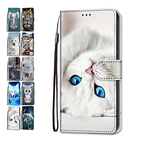 Hülle für Samsung Galaxy A14 4G 5G Leder Tasche Flip Case Mädchen Jungs Muster Design Etui Schutzhülle Cover Handyhülle - Weißes Kätzchen von Coeyes