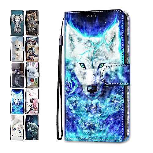 Hülle für Samsung Galaxy A52S 5G Leder Tasche Flip Case Mädchen Jungs Muster Design Etui Schutzhülle Cover Handyhülle - Rosen Wolf von Coeyes
