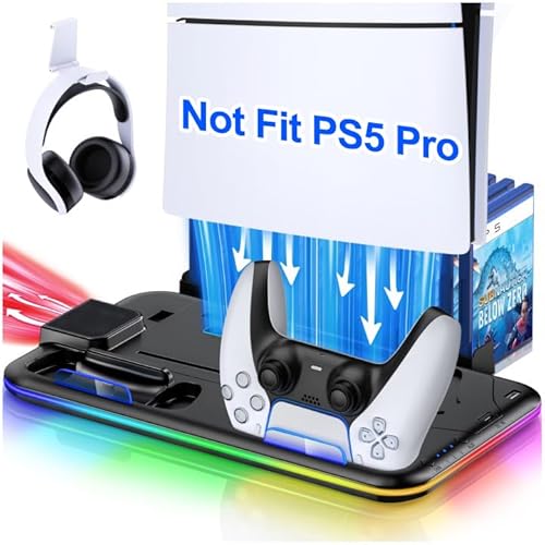 CoguyTech PS5 Standfuß mit PS5 Lüfter und PS5 Controller Ladestation, Kühler Ständer für PS5/ PS5 Slim, RGB Licht PS5 Halterung mit USB Ports/Headset Halter/Aufbewahrung, für PS5 Zubehör, Schwarz von CoguyTech