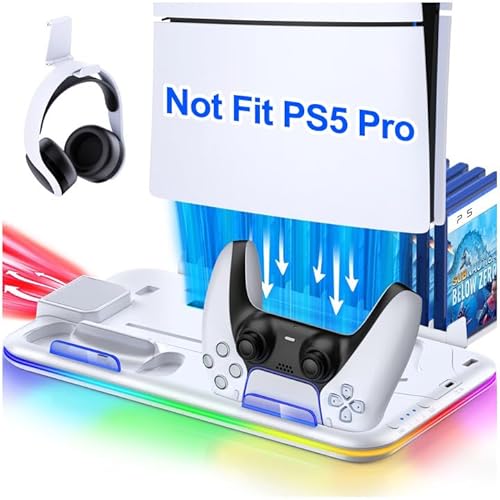 PS5 Standfuß mit 3 Stufig PS5 Lüfter und PS5 Controller Ladestation, Kühler Ständer für PS5/ PS5 Slim, RGB Licht PS5 Halterung mit USB Ports/Headset Halter/Aufbewahrung, für PS5 Zubehör, Weiß von CoguyTech