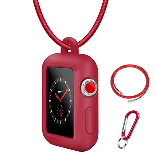 Coholl mit echtem Leder Halskette Anhängerband Ersatz Silikon Schutzhüllen Abdeckung Kompatibel für Apple Watch Serie8 7 6 5 4 3 2 1 ， 38mm 42mm Halsband Zubehör(42mm/Rot) von Coholl