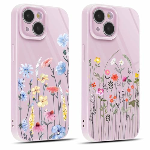 Coiwxmoi 2 Stück Handyhülle für iPhone 14 Hülle 6,1", Dünn Weich Silikon Schutzhülle mit Aesthetic Blumen Muster, Print Design für Frauen Mädchen Hülle, Stoßfest Kratzfest Case für iPhone14, Violetter von Coiwxmoi