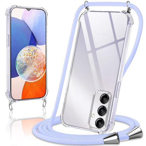 Coiwxmoi Handykette Handyhülle für Samsung Galaxy A14 5G Hülle mit Band 6,8",Transparent Case mit Kette Abnehmbar zum Umhängen Kordel Schutzhülle,Weich Silikon TPU Stoßfest Cover,Lila von Coiwxmoi