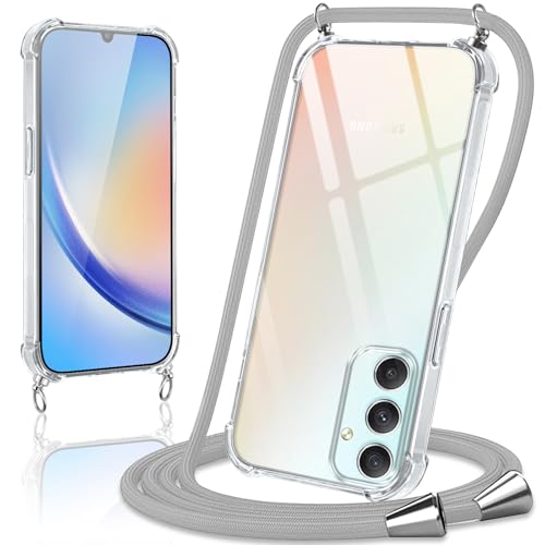 Coiwxmoi Handykette Handyhülle für Samsung Galaxy A34 5G Hülle mit Band 6,5",Transparent Case mit Kette Abnehmbar zum Umhängen Kordel Schutzhülle,Weich Silikon TPU Stoßfest Cover,Grau von Coiwxmoi