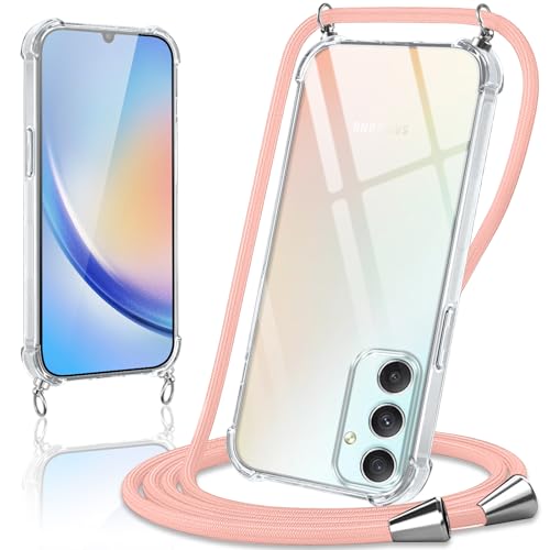 Coiwxmoi Handykette Handyhülle für Samsung Galaxy A34 5G Hülle mit Band 6,5",Transparent Case mit Kette Abnehmbar zum Umhängen Kordel Schutzhülle,Weich Silikon TPU Stoßfest Cover,Roségold von Coiwxmoi