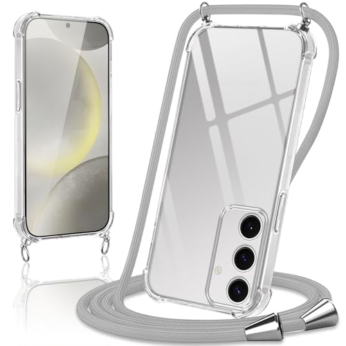 Coiwxmoi Handykette Handyhülle für Samsung Galaxy S24 5G Hülle mit Band 6,2",Transparent Case mit Kette Abnehmbar zum Umhängen Kordel Schutzhülle,Weich Silikon TPU Stoßfest Cover,Grau von Coiwxmoi