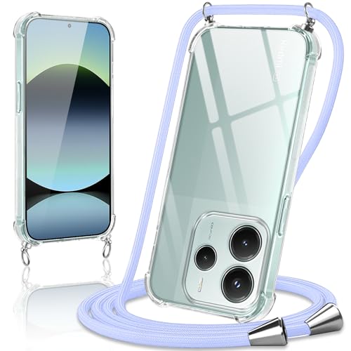 Coiwxmoi Handykette Handyhülle für Xiaomi Redmi Note 14 Hülle mit Band 6.67",Transparent Case mit Kette Abnehmbar zum Umhängen Kordel Schutzhülle,Weich Silikon TPU Stoßfest Cover,Lila von Coiwxmoi