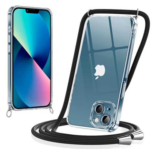 Coiwxmoi Handykette für iPhone 13 Hülle mit Band 6,1", Necklace Transparent Handyhülle mit Abnehmbar Schnur Kordel zum Umhängen Dünn Silikon TPU Bumper Stoßfeste Schutzhülle für iPhone 13, Schwarz von Coiwxmoi