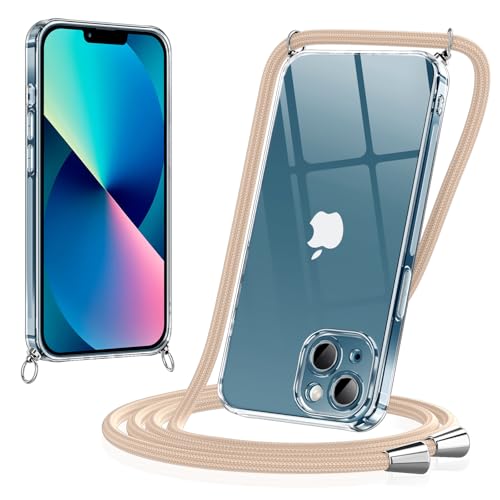 Coiwxmoi Handykette für iPhone 13 Hülle mit Band 6,1", Necklace Transparent Handyhülle mit Abnehmbar Schnur Kordel zum Umhängen Dünn Silikon TPU Bumper Stoßfeste Schutzhülle für iPhone 13, Khaki von Coiwxmoi