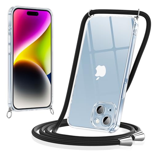 Coiwxmoi Handykette für iPhone 14 Hülle mit Band 6,1", Necklace Transparent Handyhülle mit Abnehmbar Schnur Kordel zum Umhängen Weich Silikon TPU Bumper Stoßfeste Schutzhülle für iPhone 14, Schwarz von Coiwxmoi