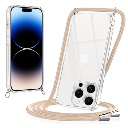 Coiwxmoi Handykette für iPhone 14 Pro Max Hülle mit Band 6,7", Necklace Transparent Handyhülle mit Abnehmbar Schnur Kordel zum Umhängen Silikon TPU Bumper Stoßfeste Schutzhülle, Khaki von Coiwxmoi