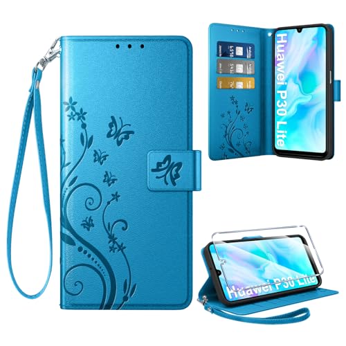 Coiwxmoi Hülle für Huawei P30 Lite + 1 Schutzfolie, Retro Design Premium PU Leder Wallet Handyhülle Kartensteckplatz Flip Lederhülle Case für Huawei P30 Lite, Blau von Coiwxmoi