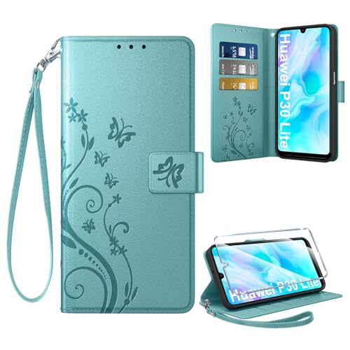 Coiwxmoi Hülle für Huawei P30 Lite + 1 Schutzfolie, Retro Design Premium PU Leder Wallet Handyhülle Kartensteckplatz Flip Lederhülle Case für Huawei P30 Lite, Grün von Coiwxmoi