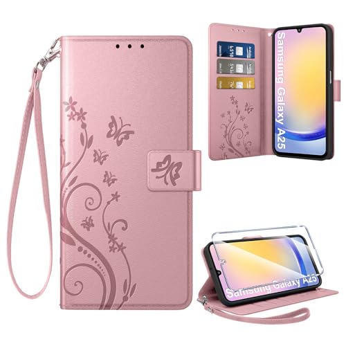 Coiwxmoi Hülle für Samsung Galaxy A25 5G + 1 Schutzfolie, Retro Design Premium PU Leder Wallet Handyhülle Kartensteckplatz Flip Lederhülle Case für Samsung A25, Roségold von Coiwxmoi