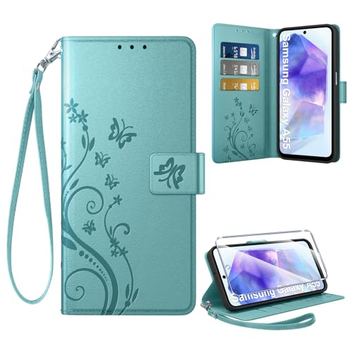Coiwxmoi Hülle für Samsung Galaxy A55 5G + 1 Schutzfolie, Retro Design Premium PU Leder Wallet Handyhülle Kartensteckplatz Flip Lederhülle Case für Samsung A55, Grün von Coiwxmoi