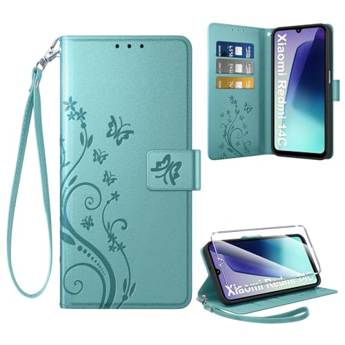 Coiwxmoi Hülle für Xiaomi Redmi 14C + 1 Schutzfolie, Retro Design Premium PU Leder Wallet Handyhülle Kartensteckplatz Flip Lederhülle Case für Redmi 14C, Grün von Coiwxmoi