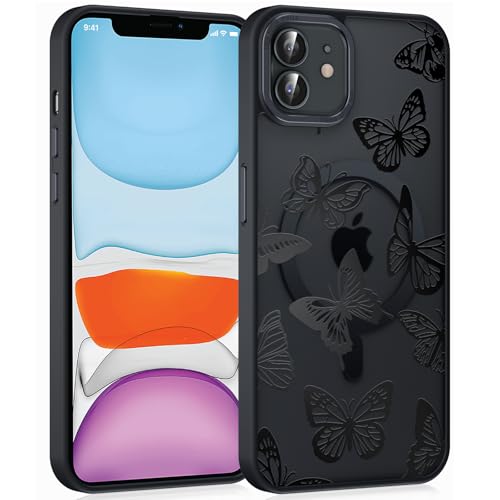 Coiwxmoi Magnetische Handyhülle für iPhone 12/iPhone 12 Pro 6,1" Hülle,Kompatibel mit MagSafe, Aesthetic Schmetterlinge Muster Transluzente Mädchen Case,Matte PC Dünn TPU Stoßfest Schutzhülle -Schwarz von Coiwxmoi