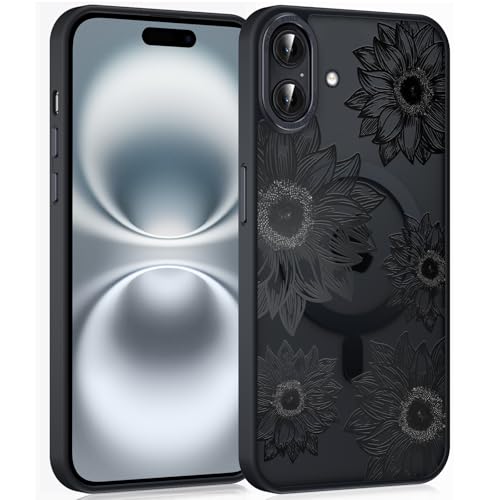 Coiwxmoi Magnetische Handyhülle für iPhone 16 6,1" Hülle, Kompatibel mit MagSafe, Aesthetic Blumen Muster Transluzente Mädchen Case,Matte PC Dünn TPU Bumper Stoßfest Kratzfest Schutzhülle - Schwarz 01 von Coiwxmoi
